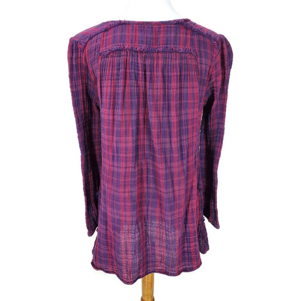 Free People Whistle While You Work Gauzy Purple Plaid Tiered Button Up Tunic Top - Picture 6 of 15